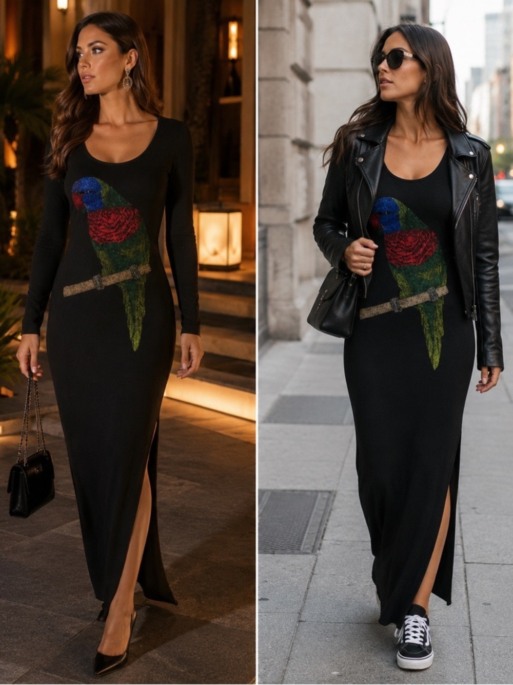 Just Angel Elegant Black Dress with Parrot embellished in Crystals Sz M